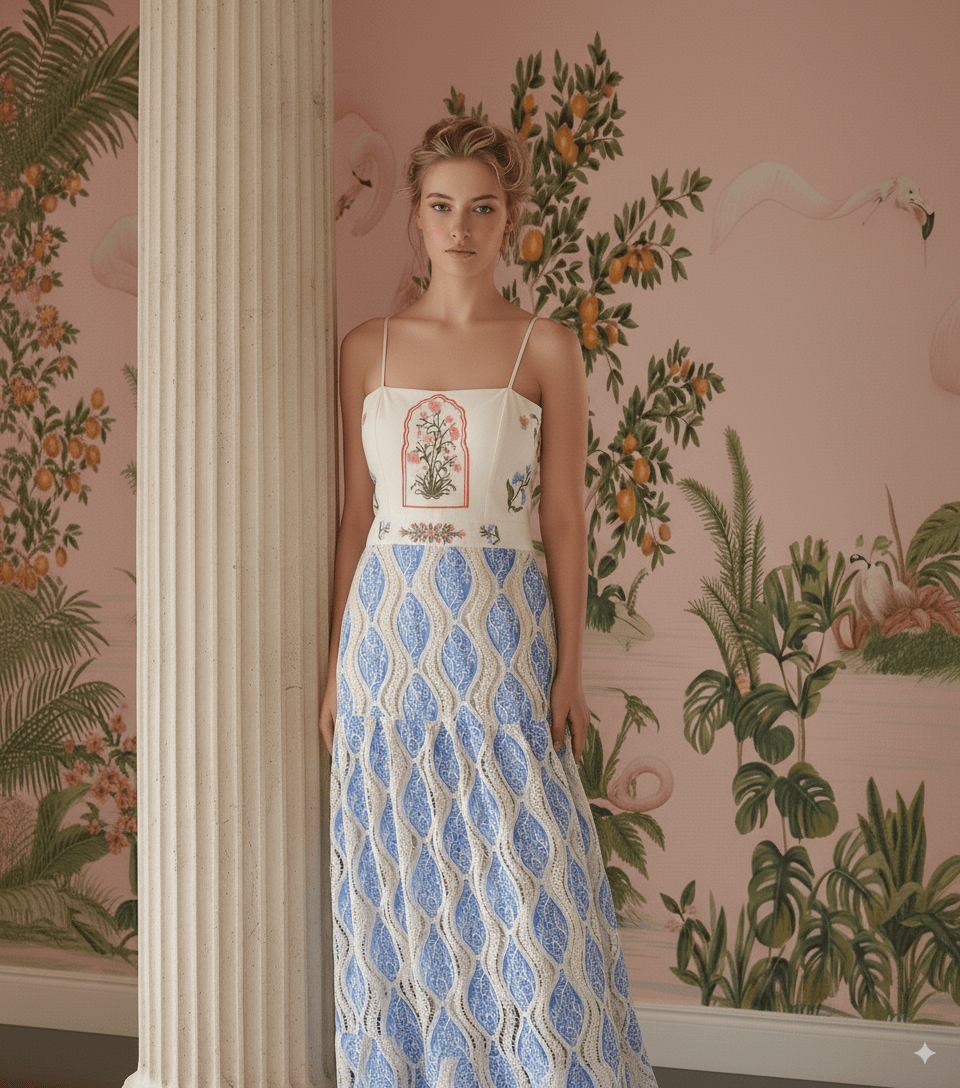 MAXI DRESS MUMBAI EMBROIDERED - Rosa Pistacho