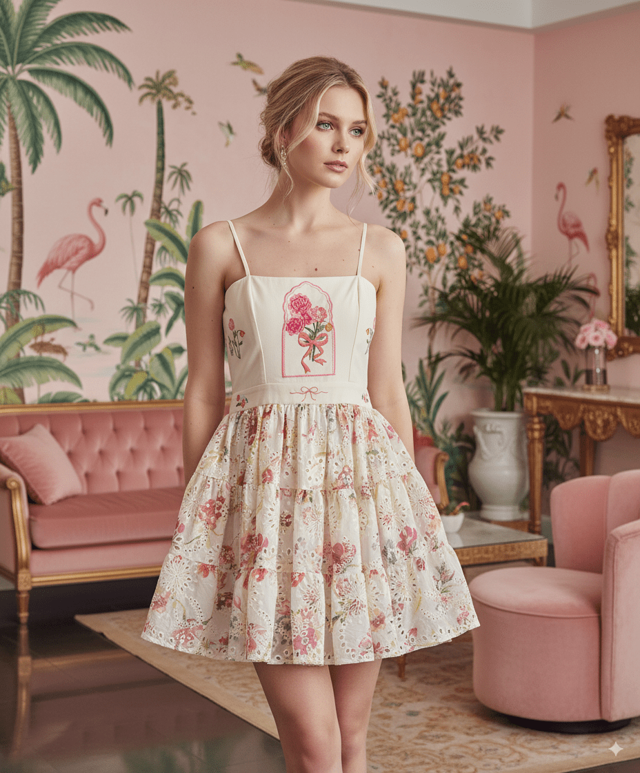 MINI DRESS SWEETHEART FLOWER - Rosa Pistacho