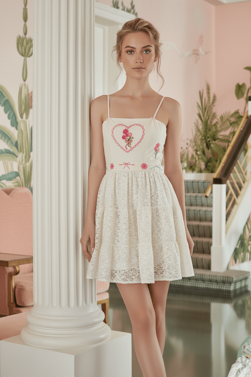 MINI DRESS SWEETHEART IVORY - Rosa Pistacho